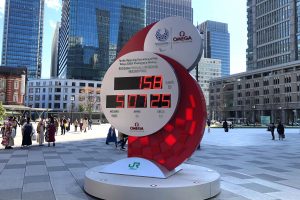 JR東京駅丸の内中央広場の東京パラリンピック開幕までの時間を示すカウントダウン時計。延期決定直前の20日には、あと「158日」と刻まれていた